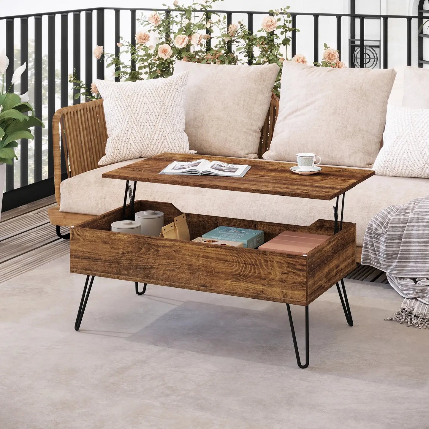 Table basse relevable avec rangement intégré