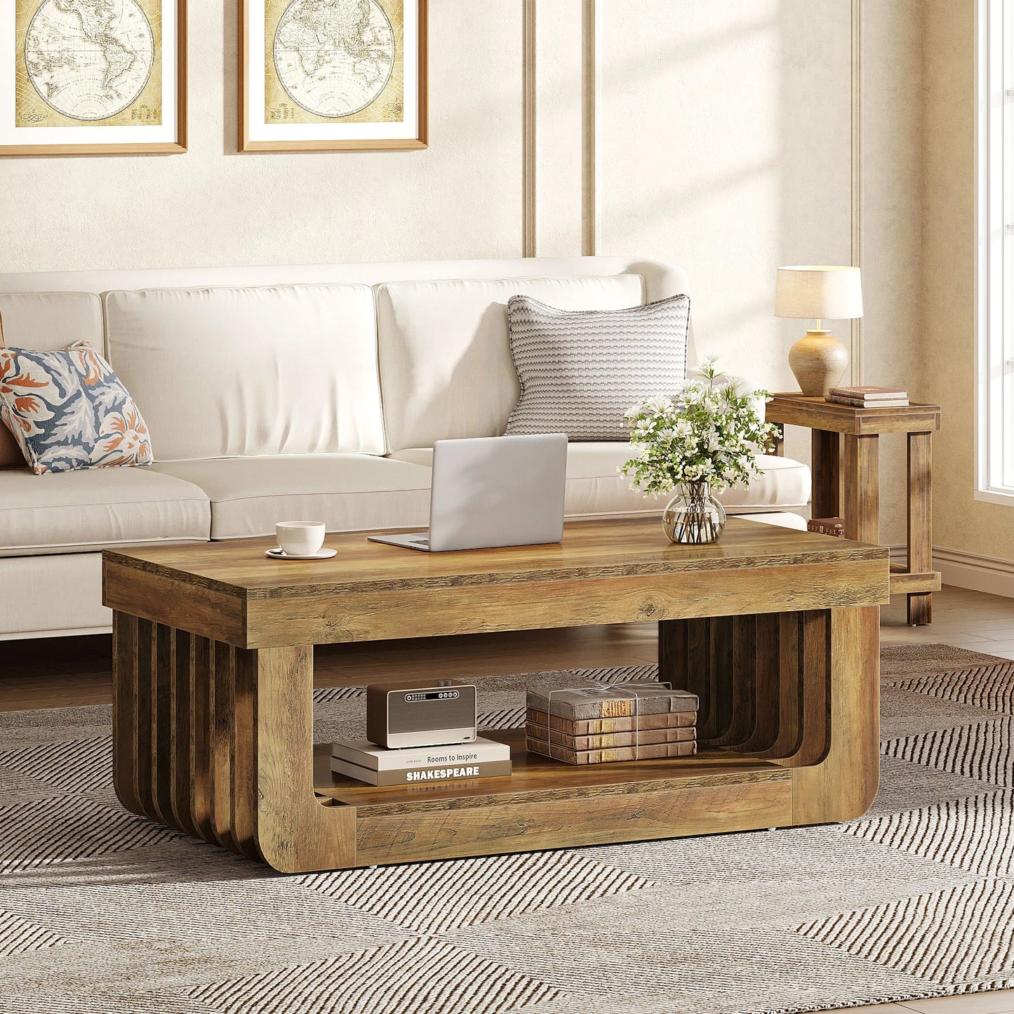 Table basse rectangulaire à 2 niveaux avec étagère de rangement