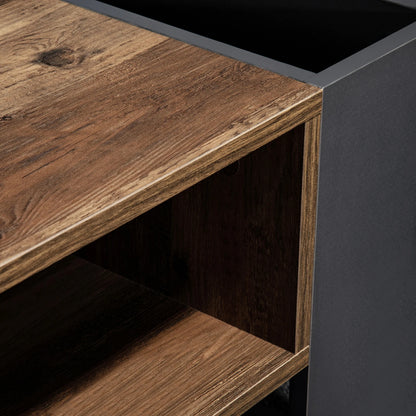 Table basse en bois avec un tiroir et un espace de rangement.