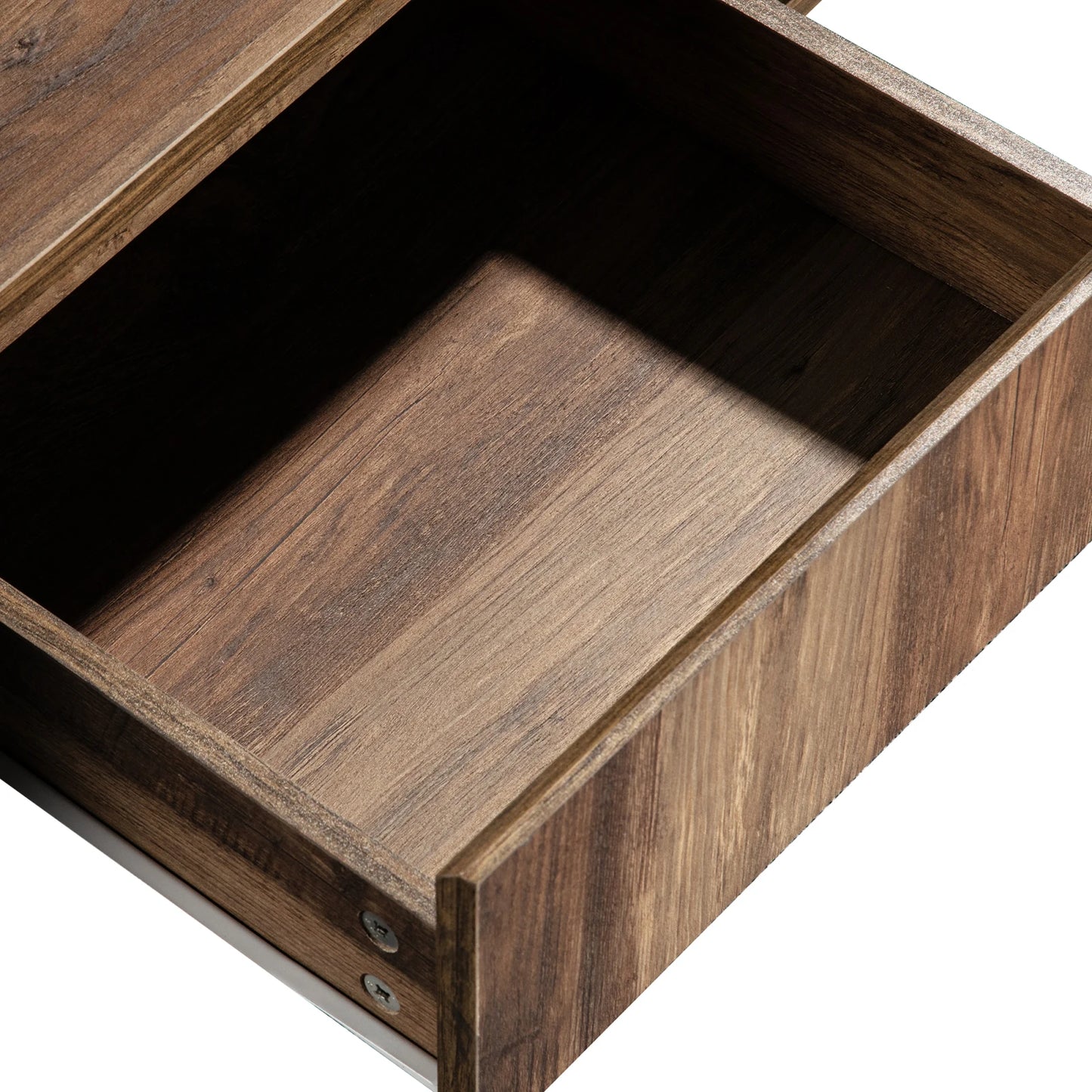 Table basse en bois avec un tiroir et un espace de rangement.