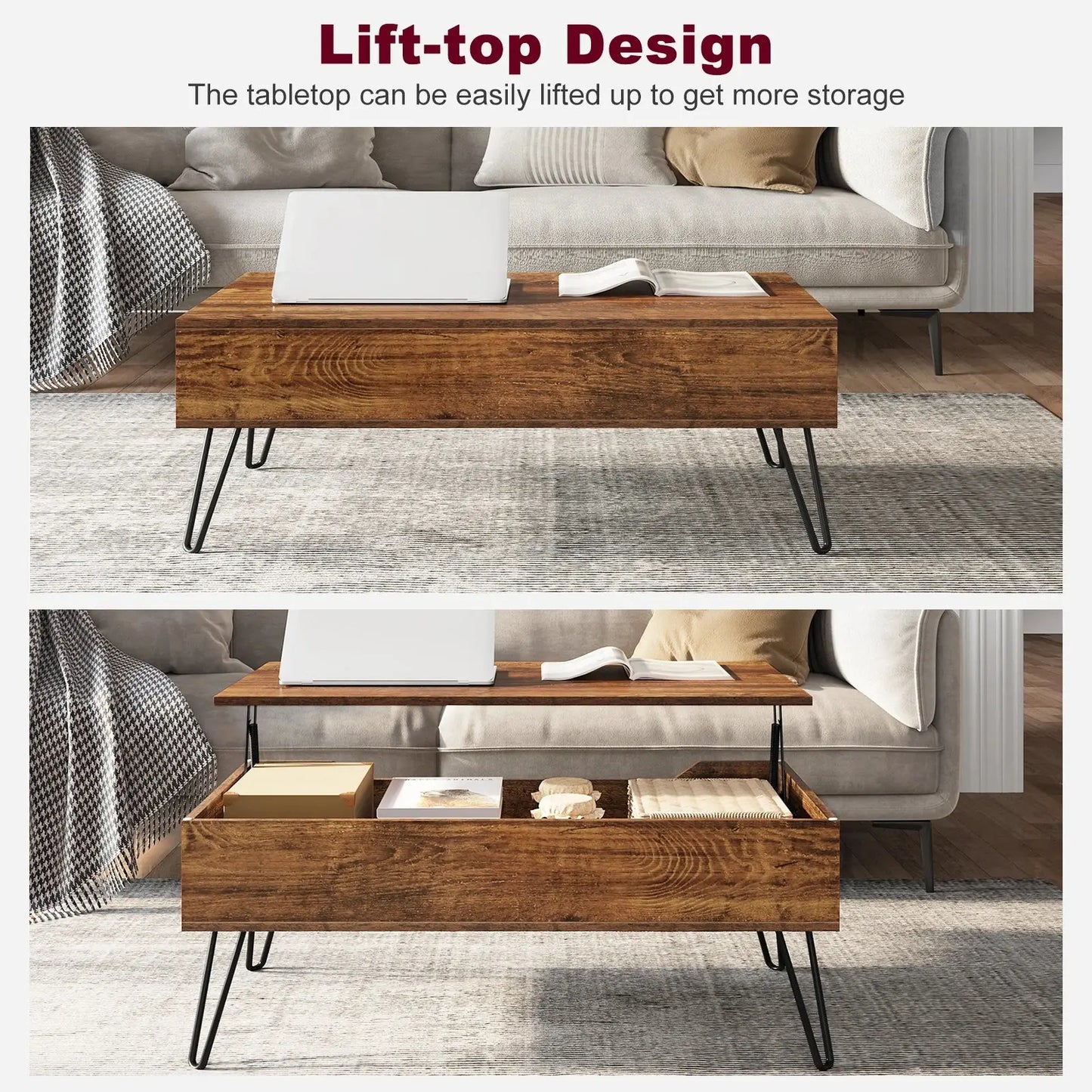 Table basse relevable avec rangement intégré