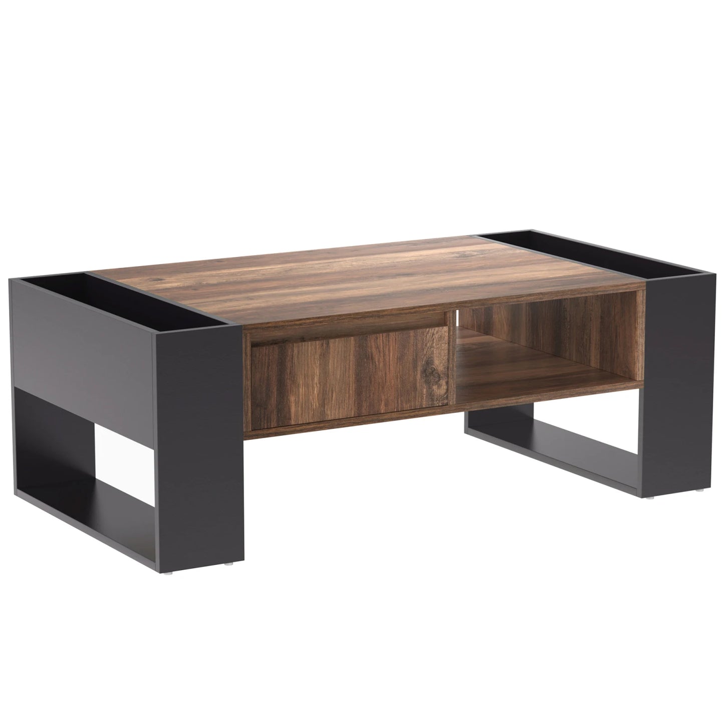 Table basse en bois avec un tiroir et un espace de rangement.