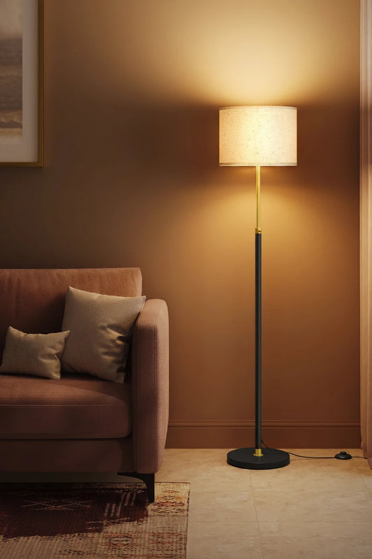 Height-adjustable floor lamp with fabric shade