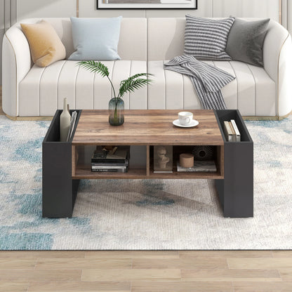 Table basse en bois avec un tiroir et un espace de rangement.