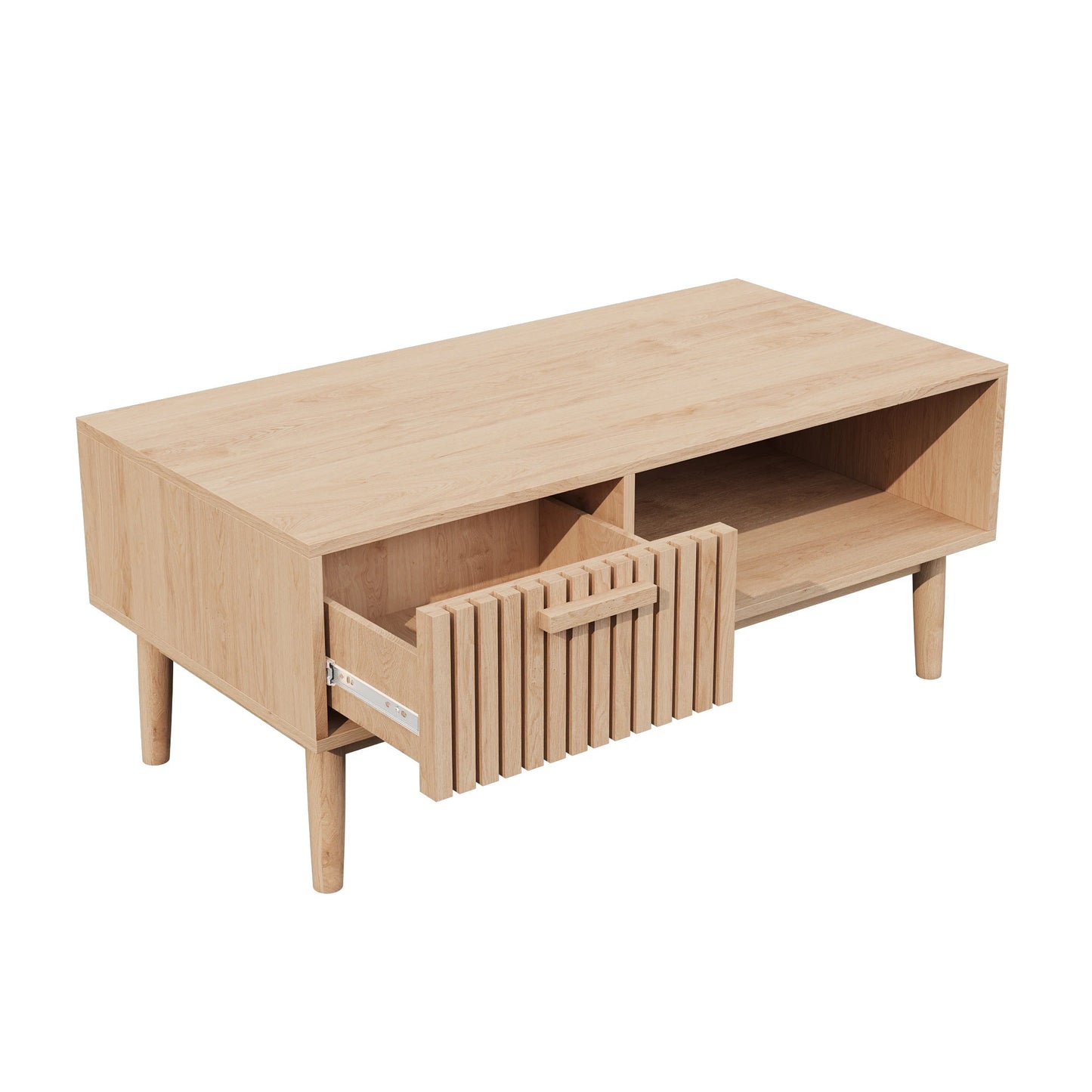 Table basse moderne avec un tiroir et un rangement ouvert