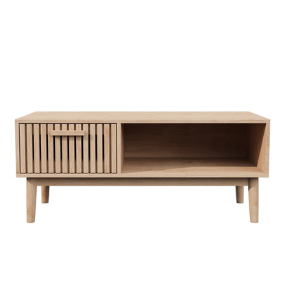 Table basse moderne avec un tiroir et un rangement ouvert