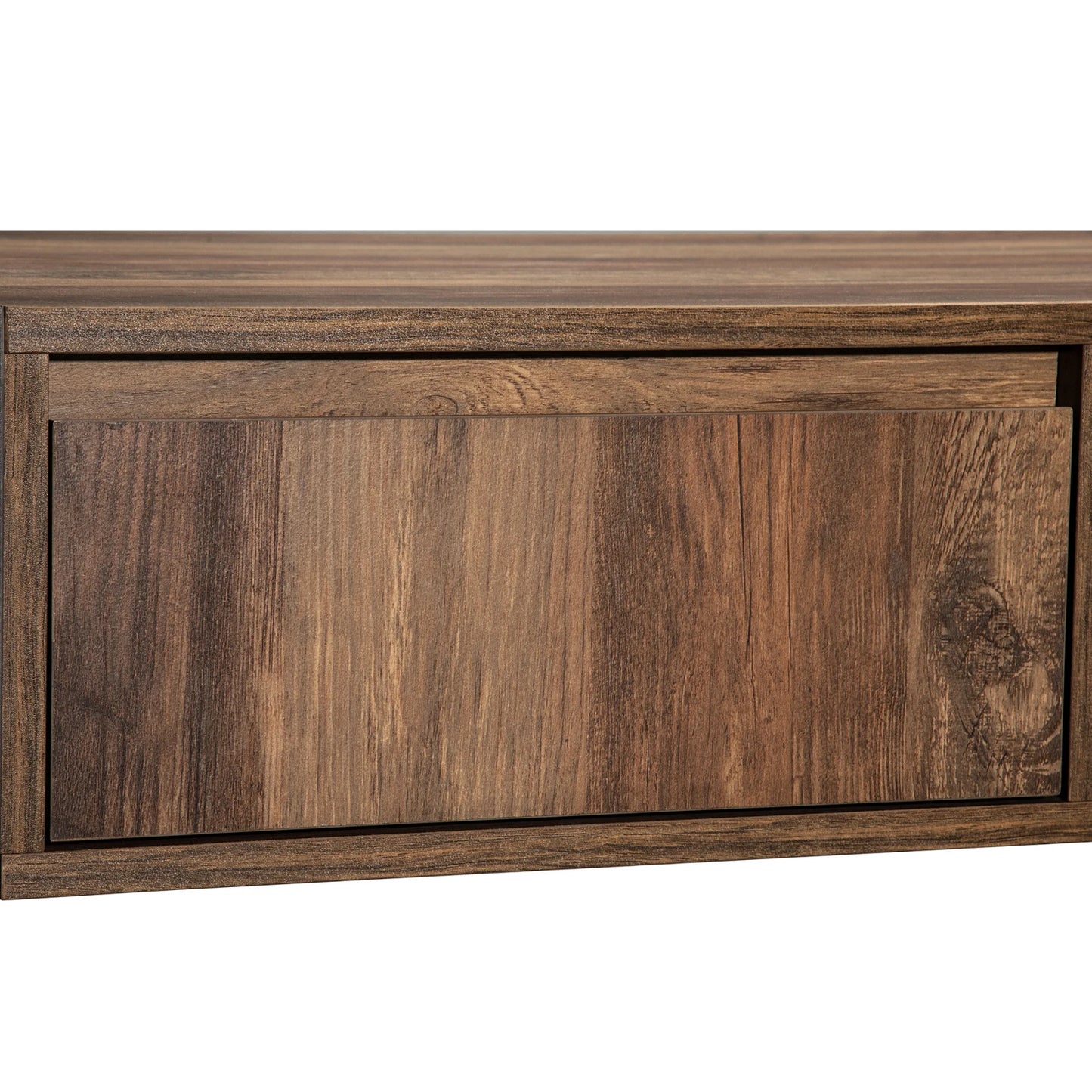 Table basse en bois avec un tiroir et un espace de rangement.
