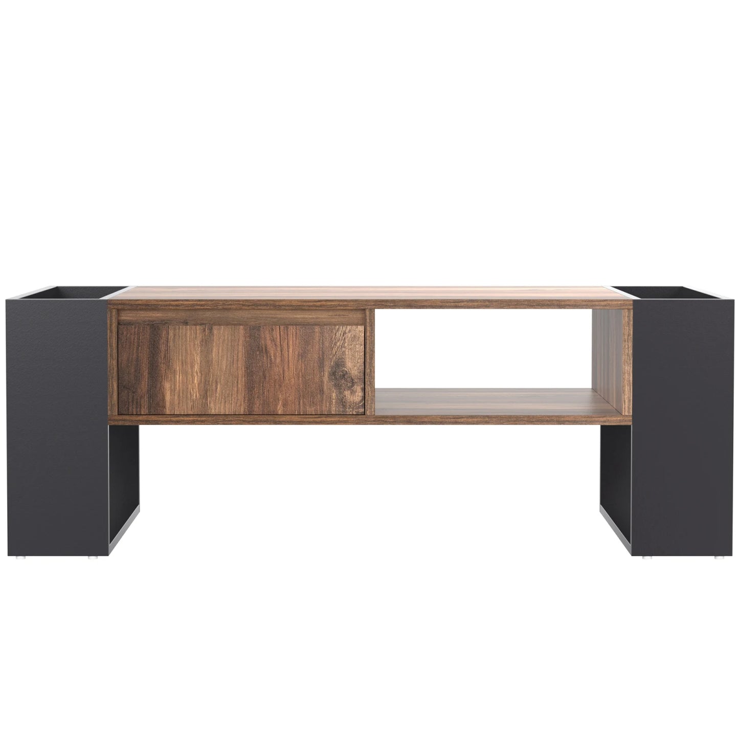 Table basse en bois avec un tiroir et un espace de rangement.