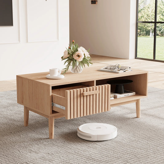 Table basse moderne avec un tiroir et un rangement ouvert