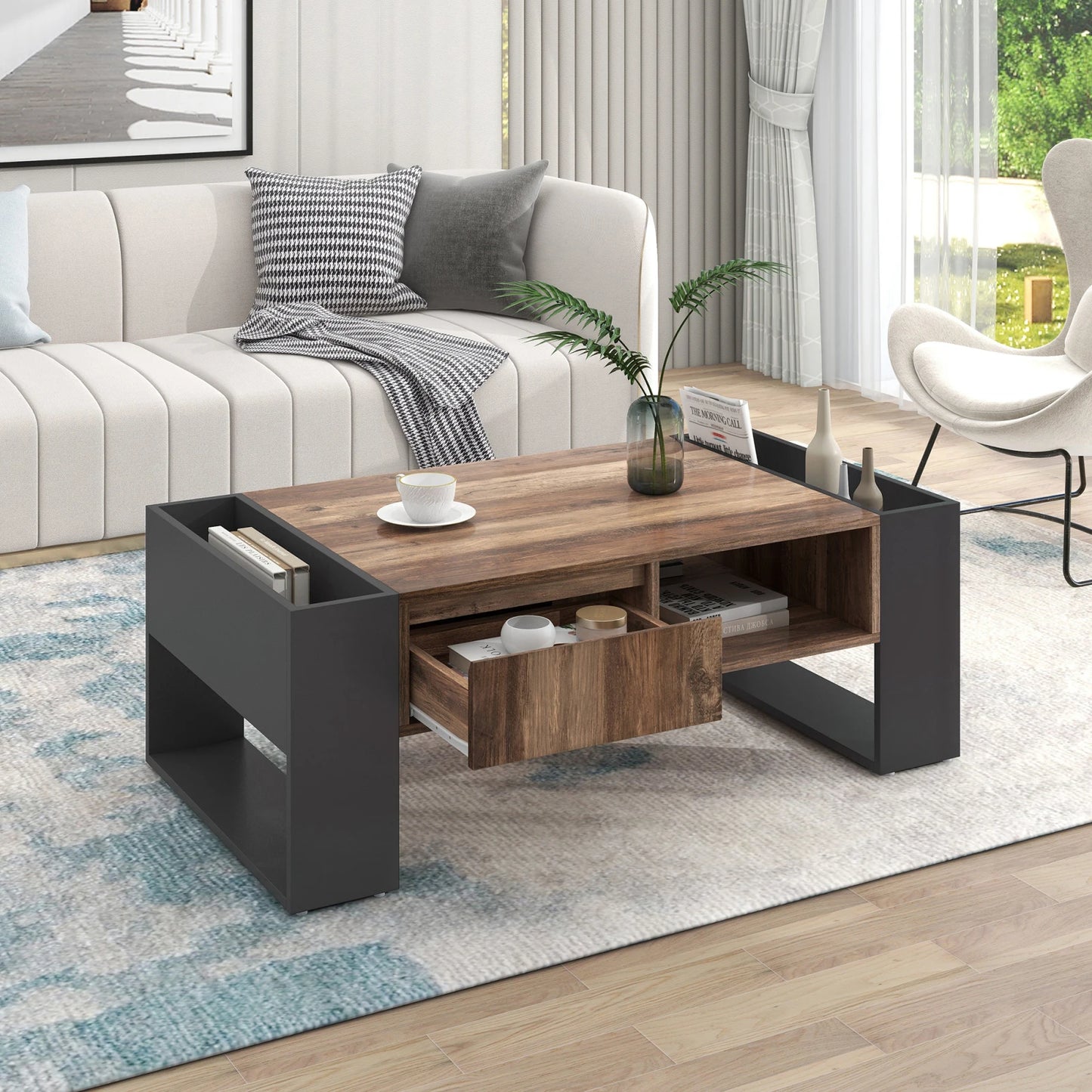 Table basse en bois avec un tiroir et un espace de rangement.