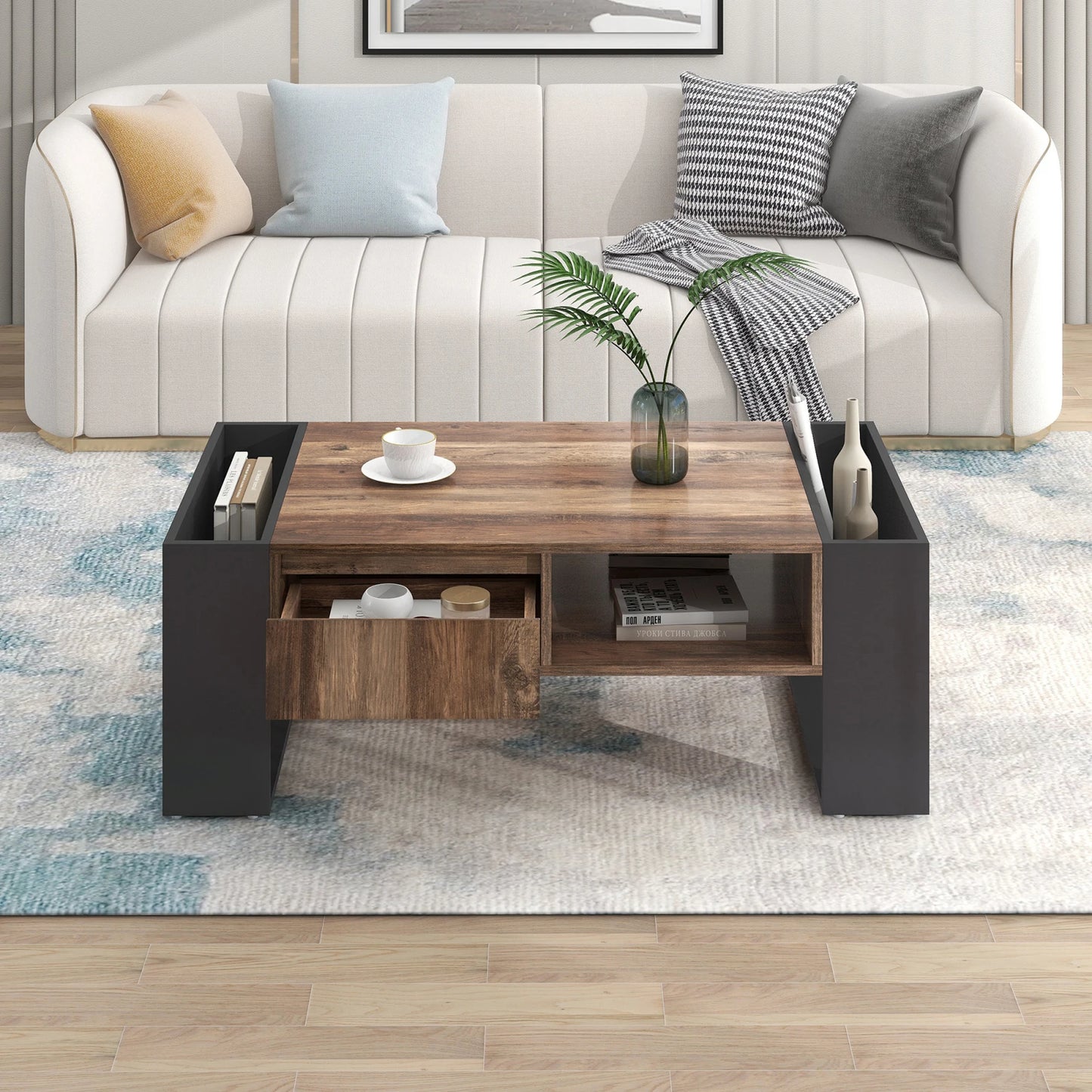 Table basse en bois avec un tiroir et un espace de rangement.