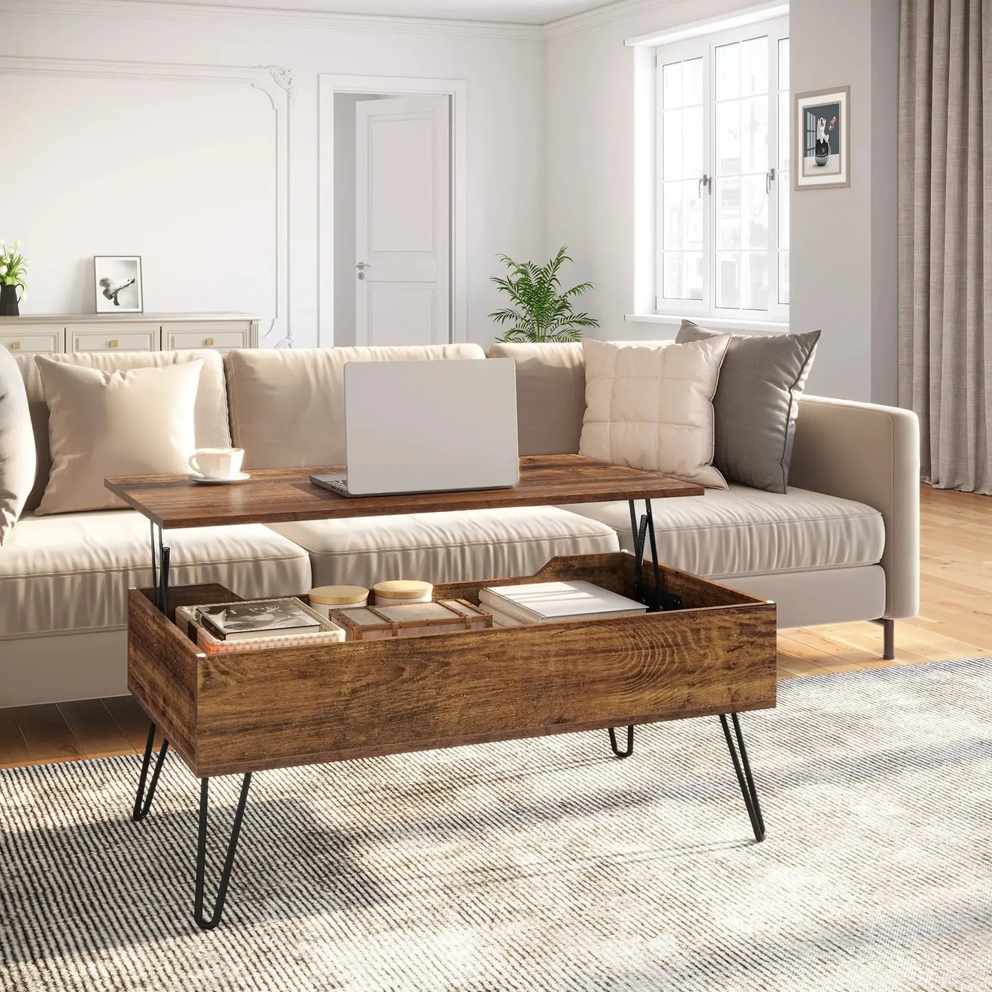 Table basse relevable avec rangement intégré