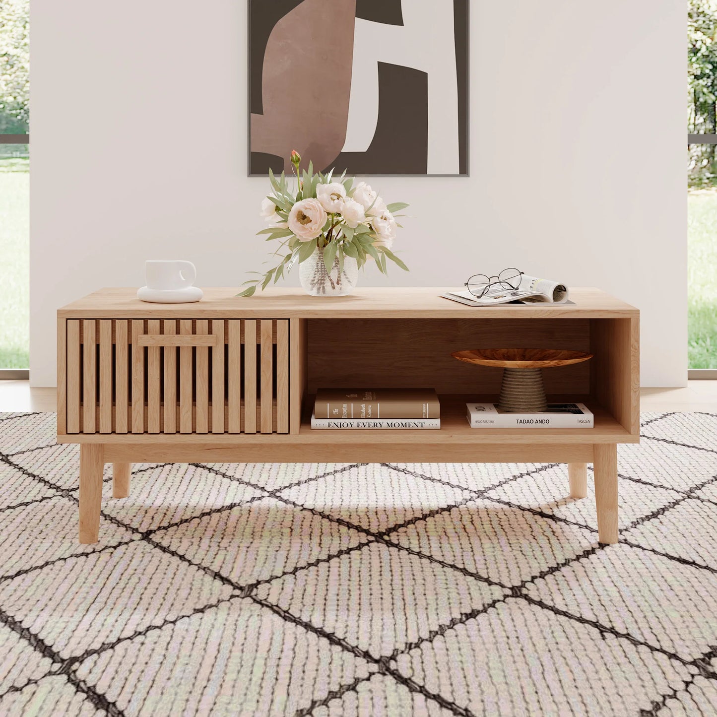 Table basse moderne avec un tiroir et un rangement ouvert