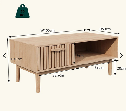 Table basse moderne avec un tiroir et un rangement ouvert