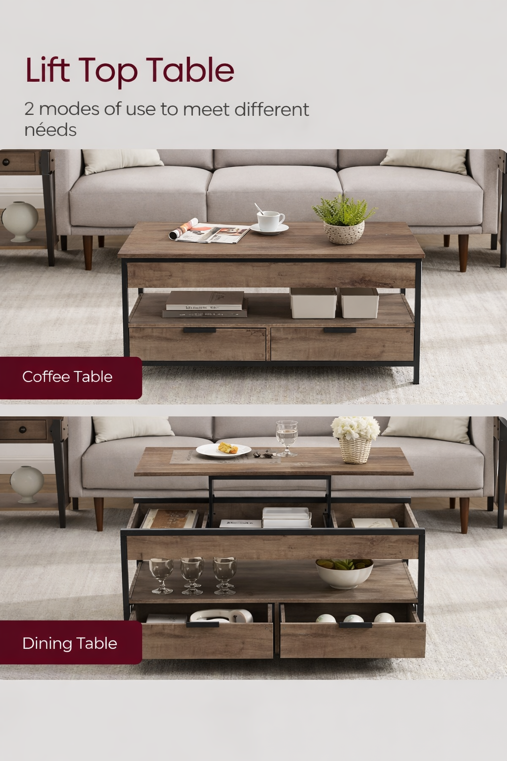 Lift-top coffee table with storage drawers - Sonera
