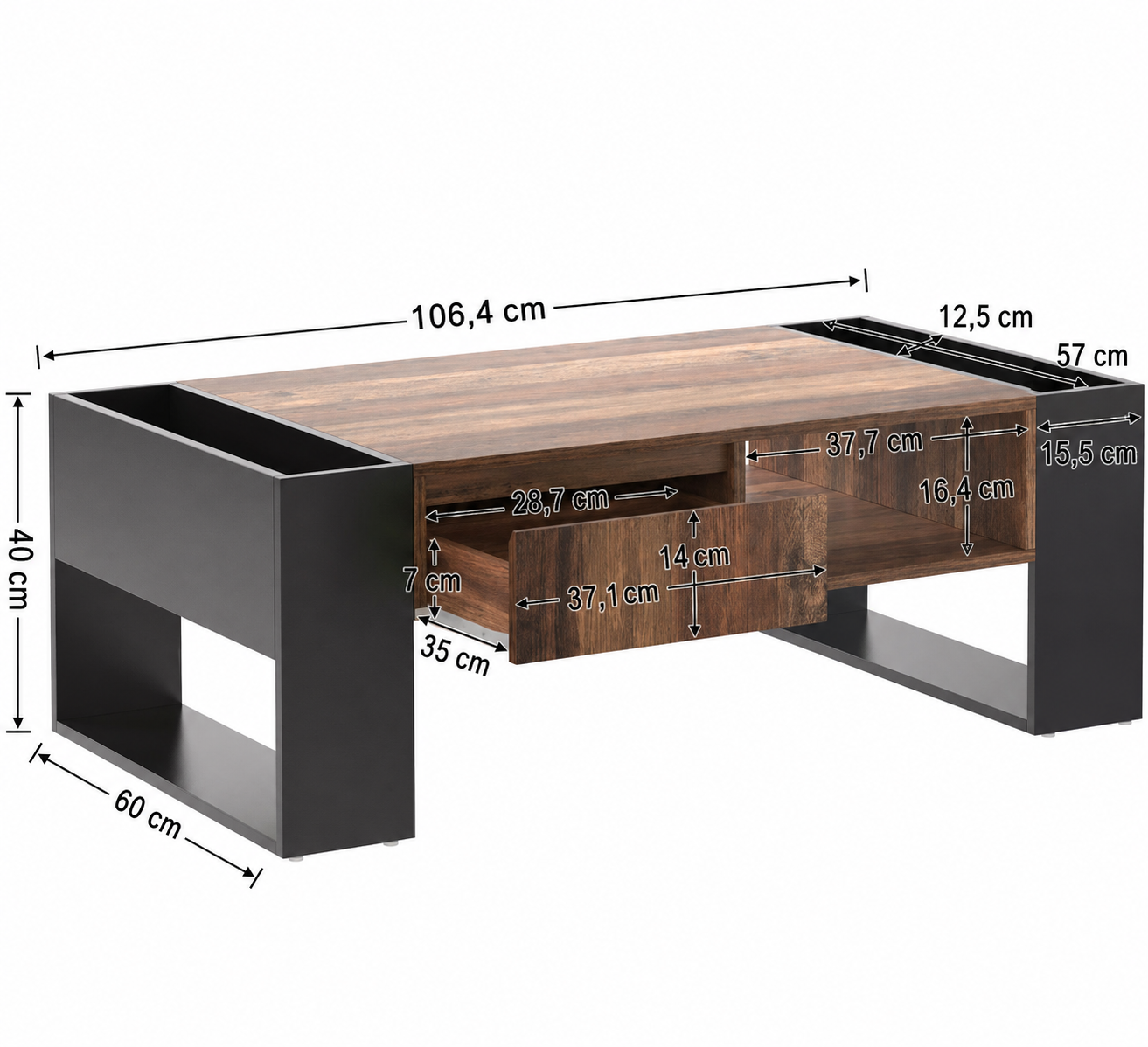 Table basse en bois avec un tiroir et un espace de rangement.