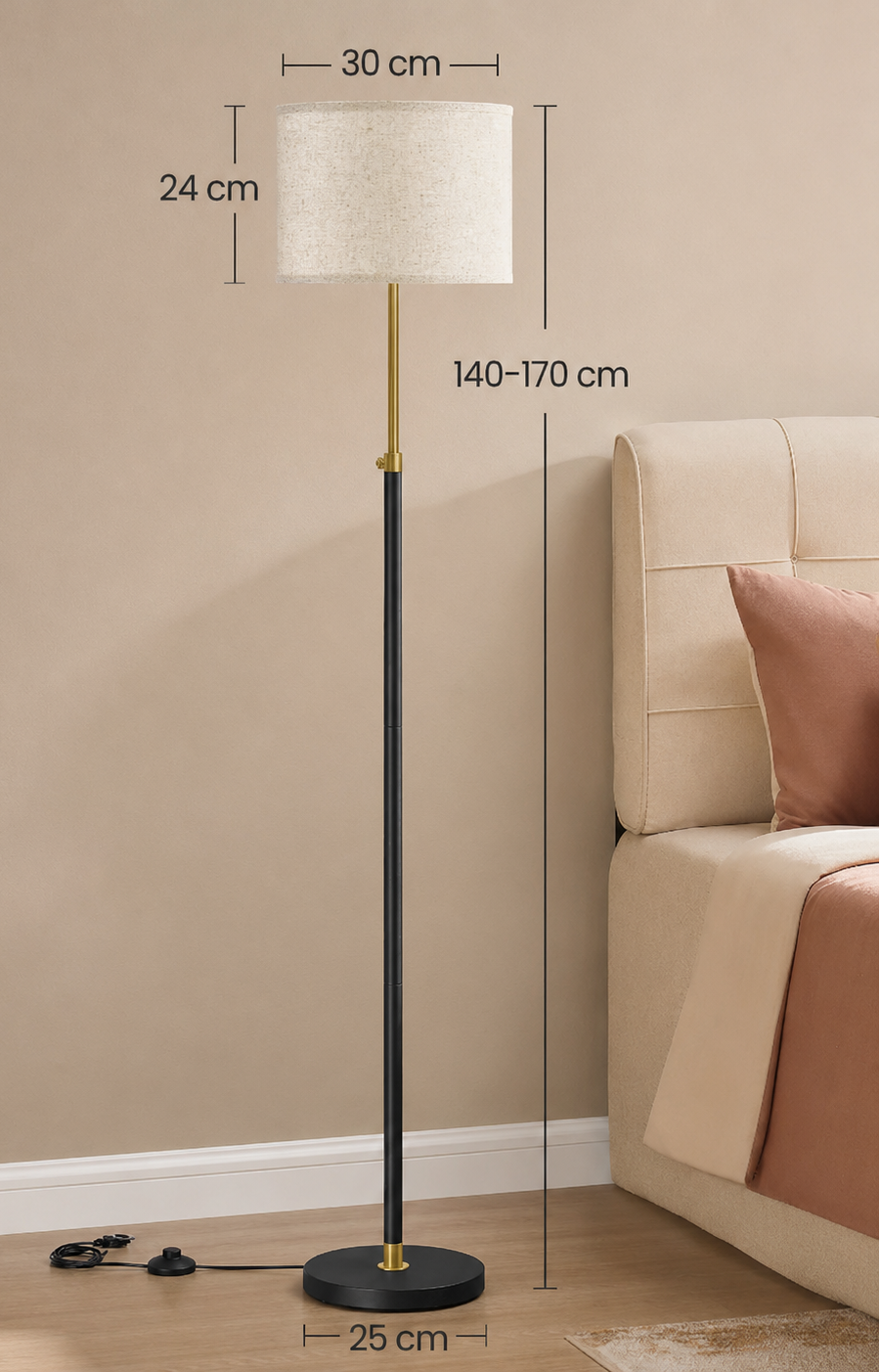 Height-adjustable floor lamp with fabric shade