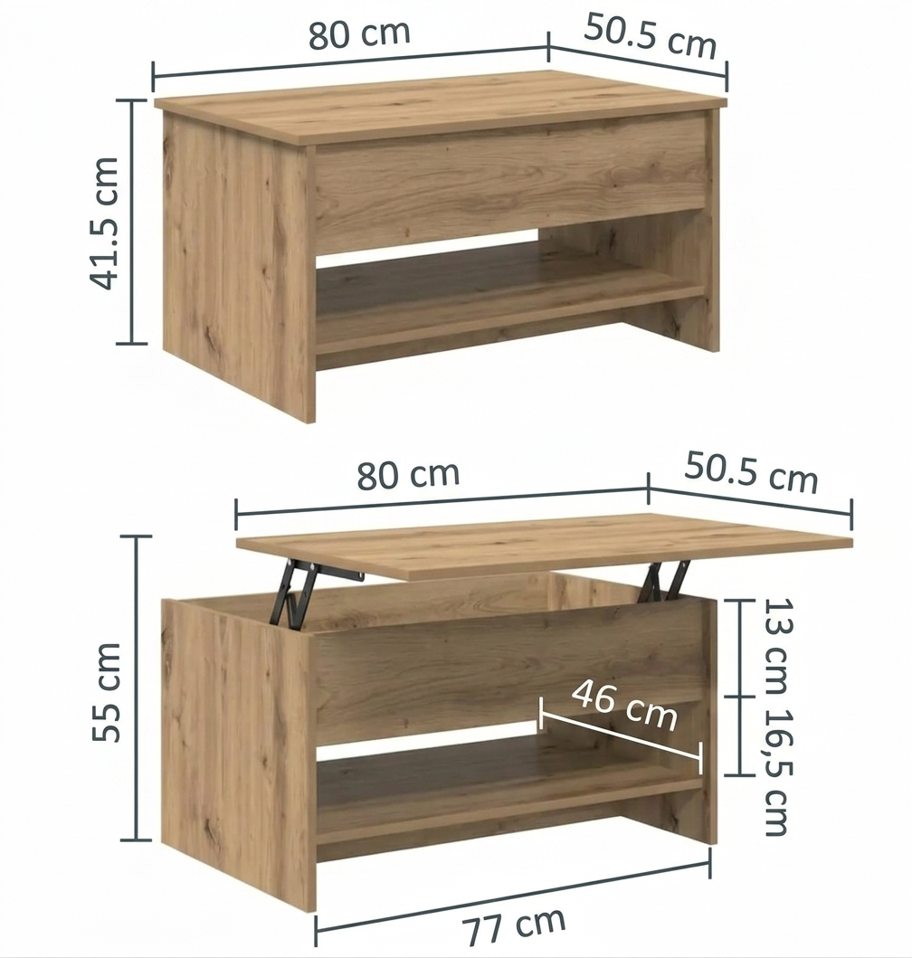 Table basse en bois à plateau relevable avec rangement