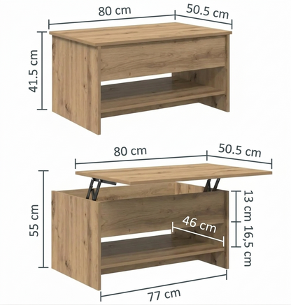 Table basse en bois à plateau relevable avec rangement