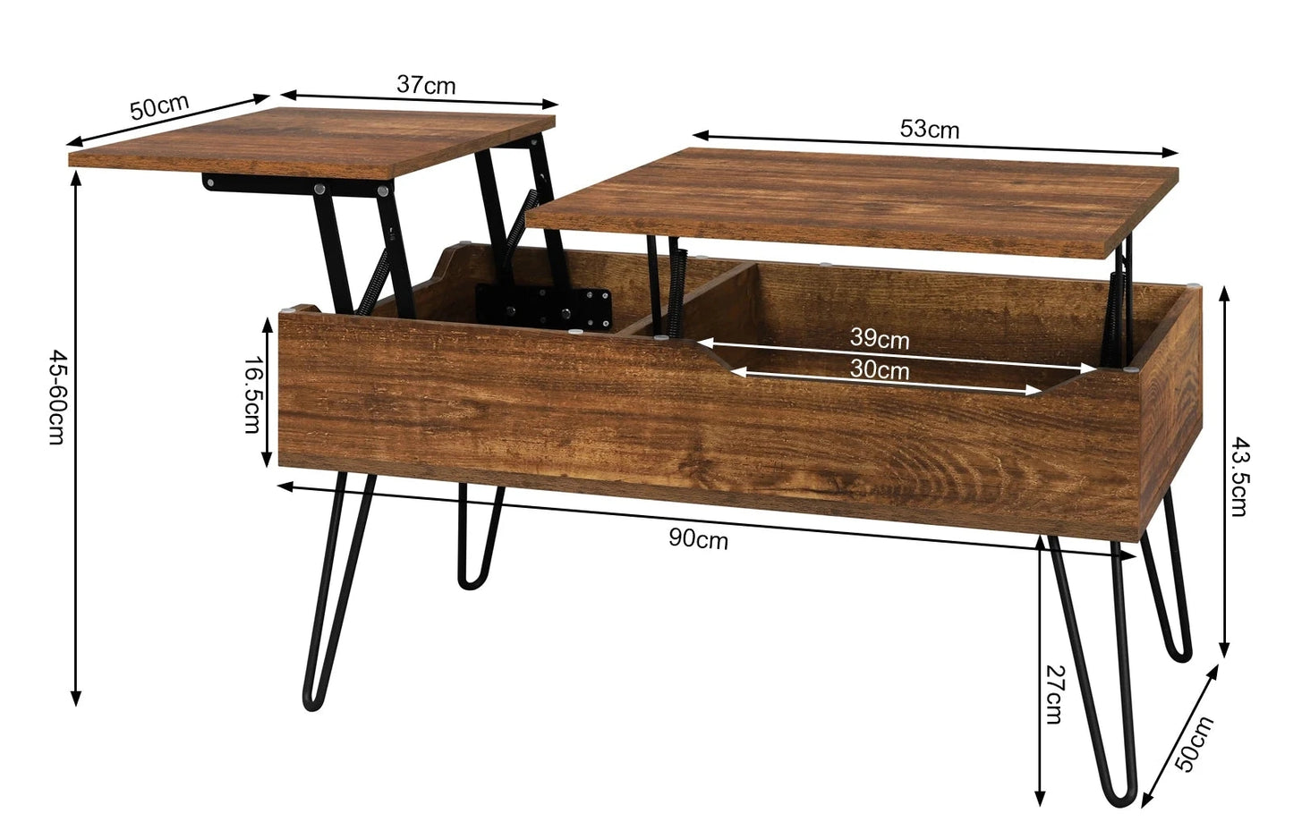 Table basse relevable avec double plateau et rangement