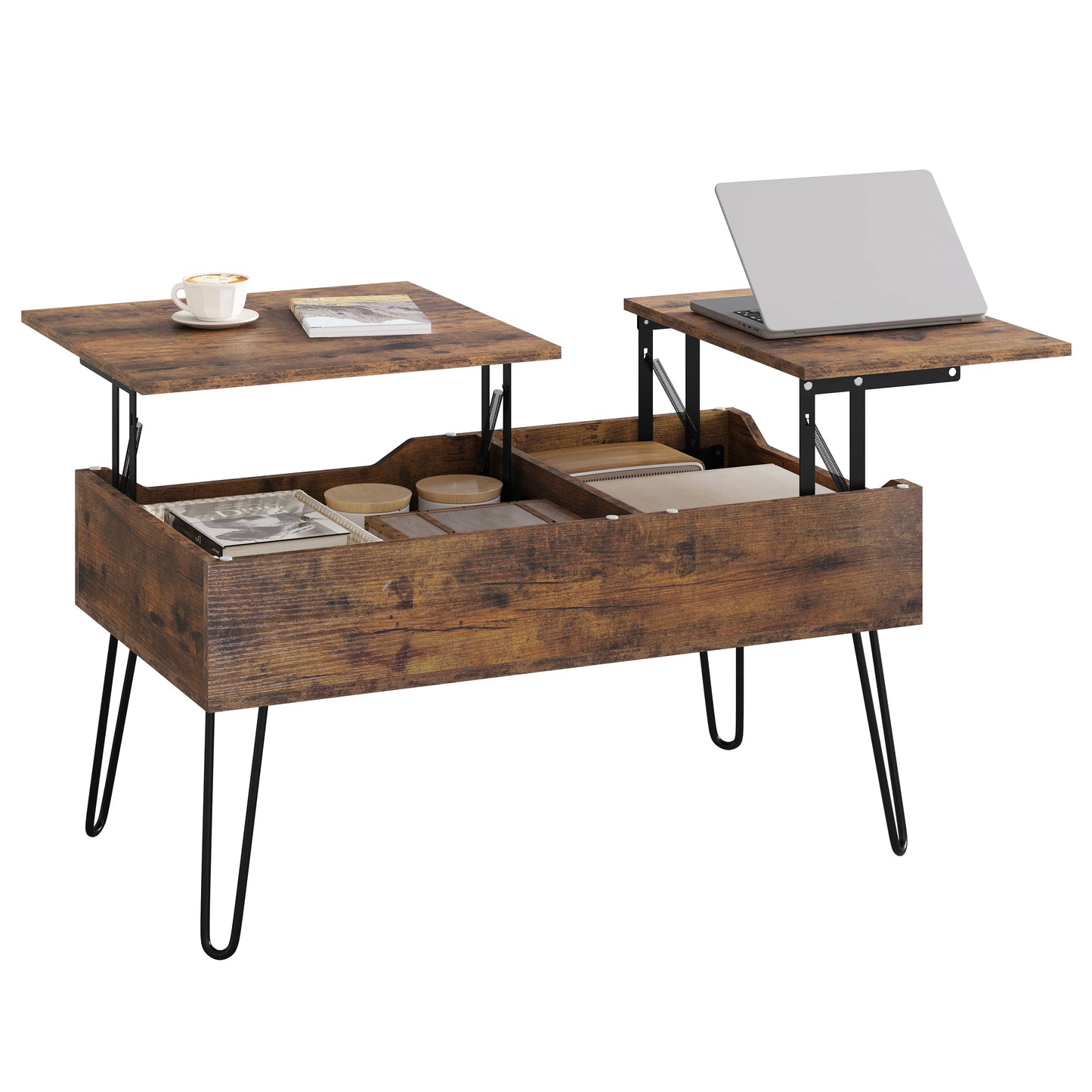 Table basse relevable avec double plateau et rangement
