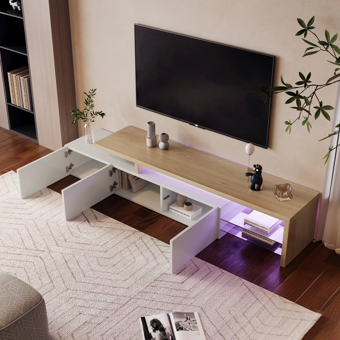 Meuble TV LED moderne avec 3 tiroirs et étagères en verre
