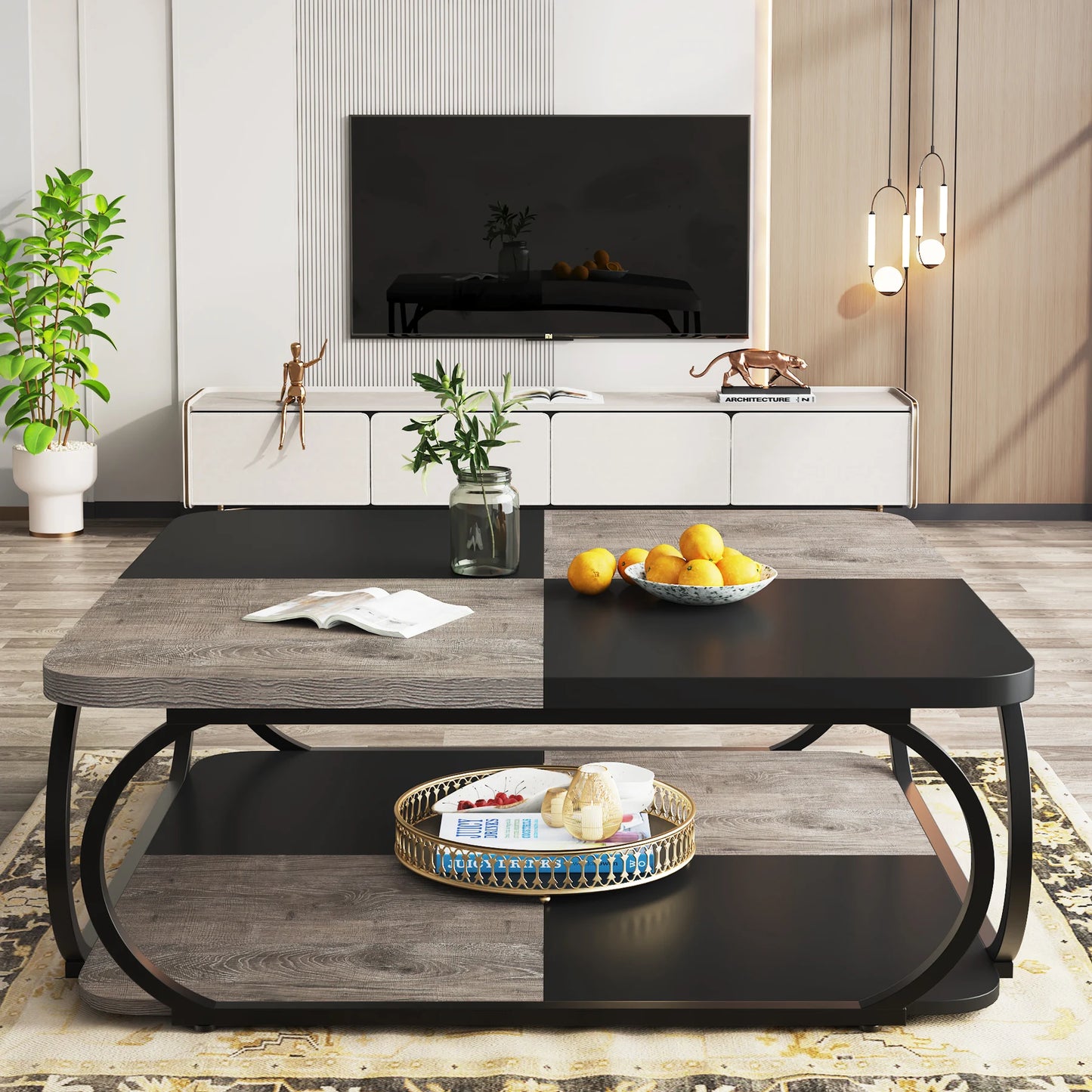 Table basse moderne à 2 plateaux avec rangement