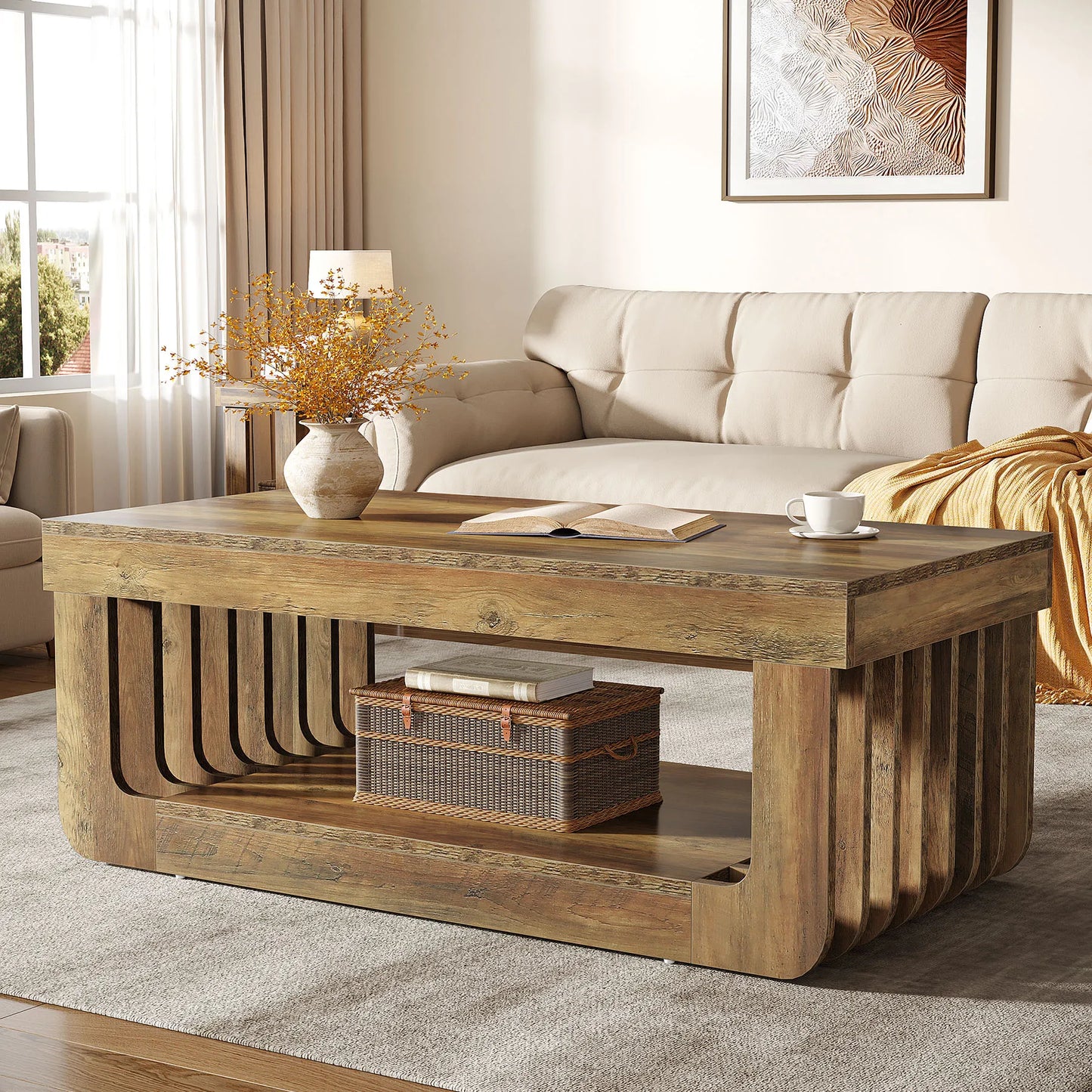 Table basse rectangulaire à 2 niveaux avec étagère de rangement