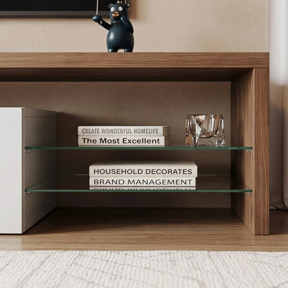 Meuble TV LED moderne avec 3 tiroirs et étagères en verre