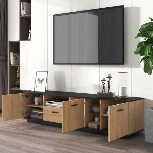 Meuble TV moderne à LED avec un tiroir, des portes et des étagères en verre