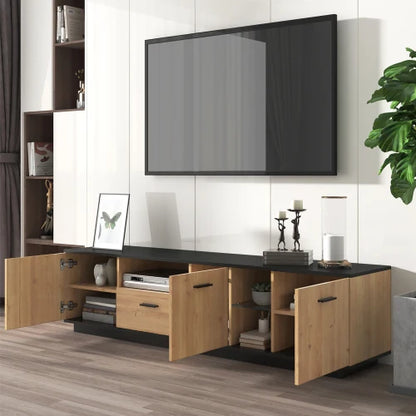 Meuble TV moderne à LED avec un tiroir, des portes et des étagères en verre