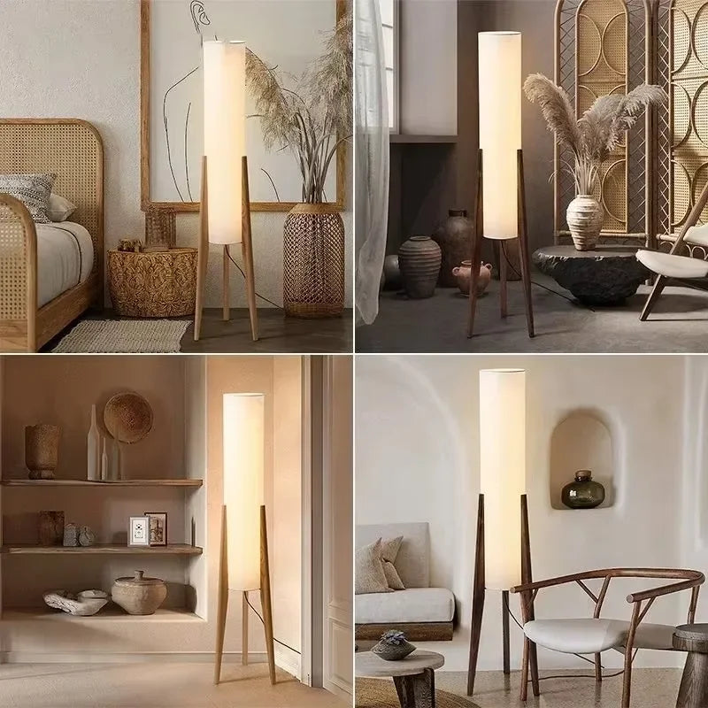 Lampadaire en bois avec un abat-jour en tissu