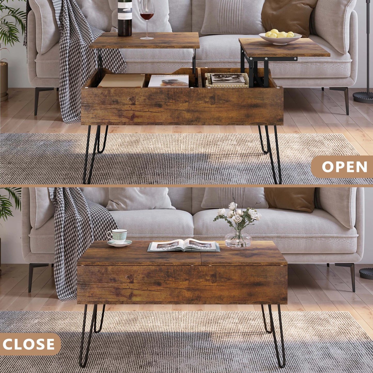 Table basse relevable avec double plateau et rangement