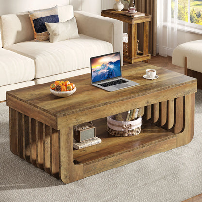 Table basse rectangulaire à 2 niveaux avec étagère de rangement