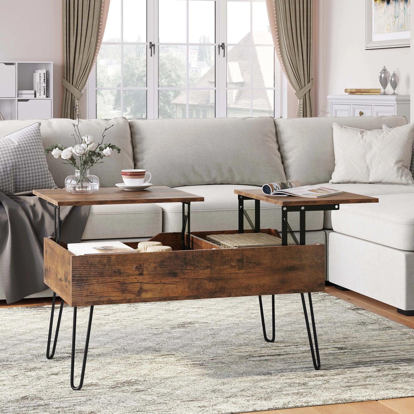 Table basse relevable avec double plateau et rangement