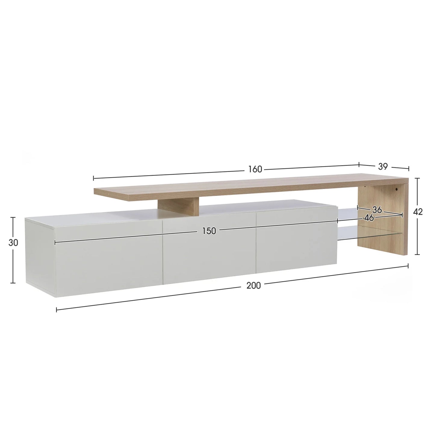 Meuble TV LED moderne avec 3 tiroirs et étagères en verre