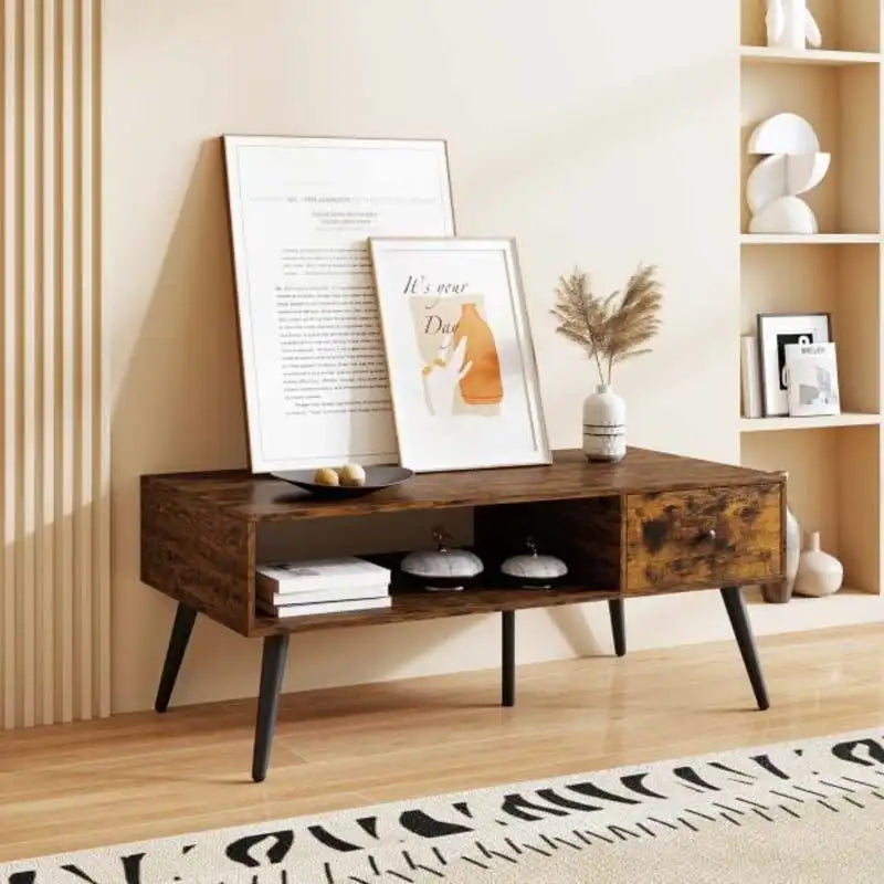 Table basse rectangulaire avec tiroir et étagère de rangement