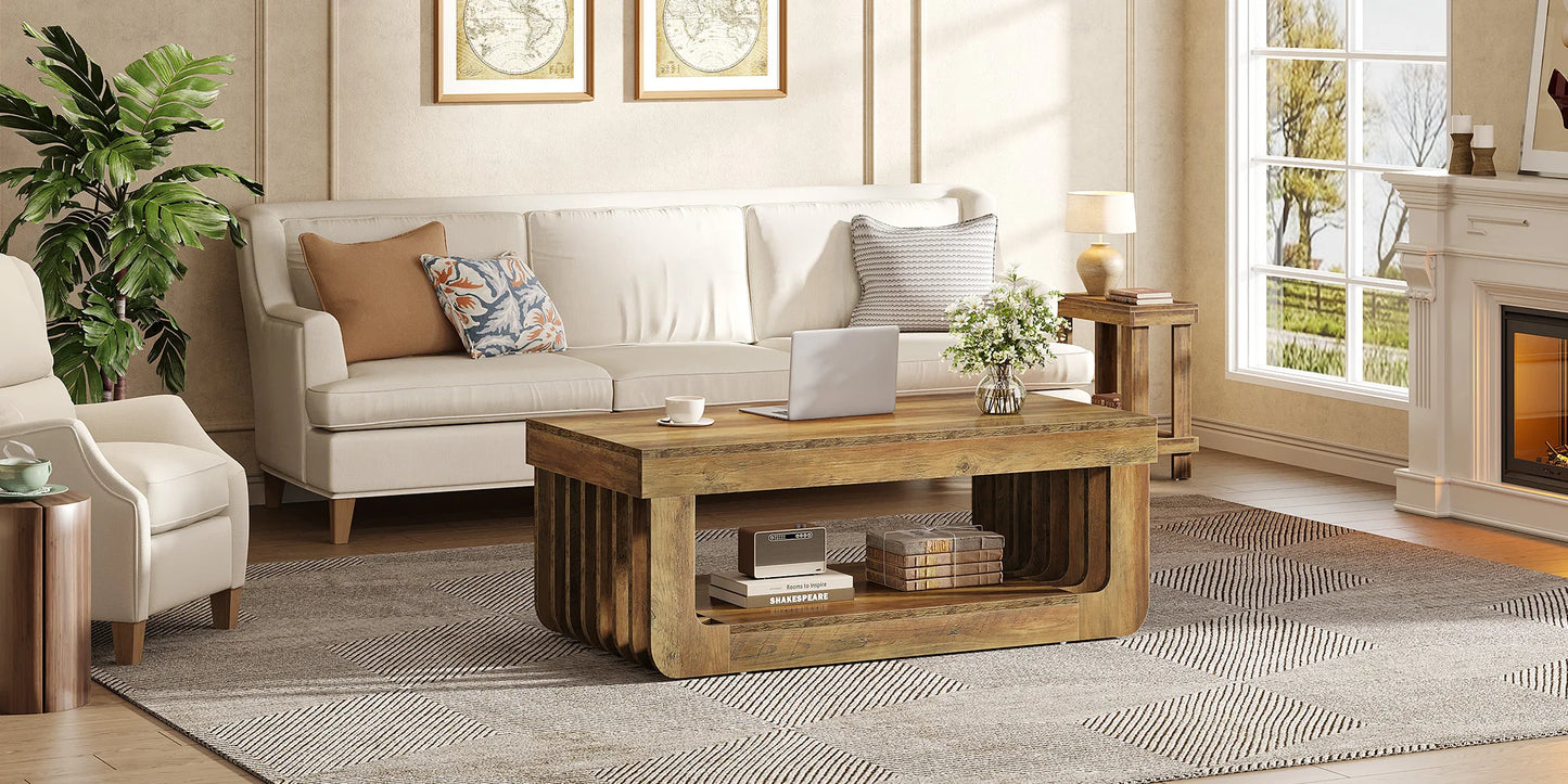 Table basse rectangulaire à 2 niveaux avec étagère de rangement