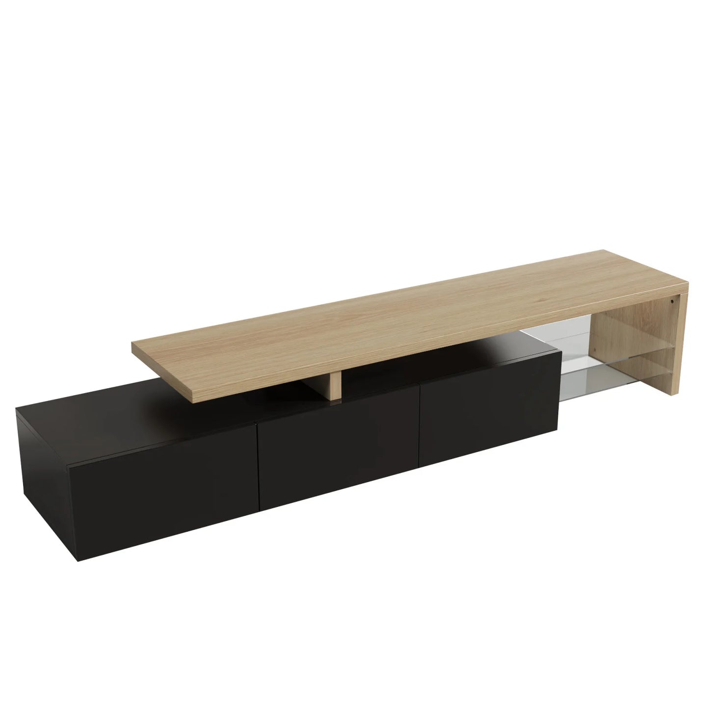 Meuble TV LED moderne avec 3 tiroirs et étagères en verre
