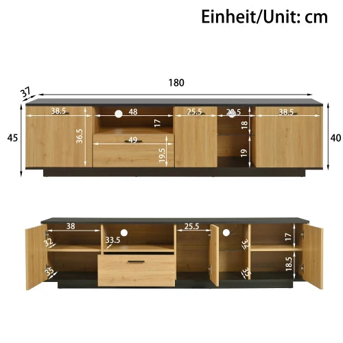 Meuble TV moderne à LED avec un tiroir, des portes et des étagères en verre