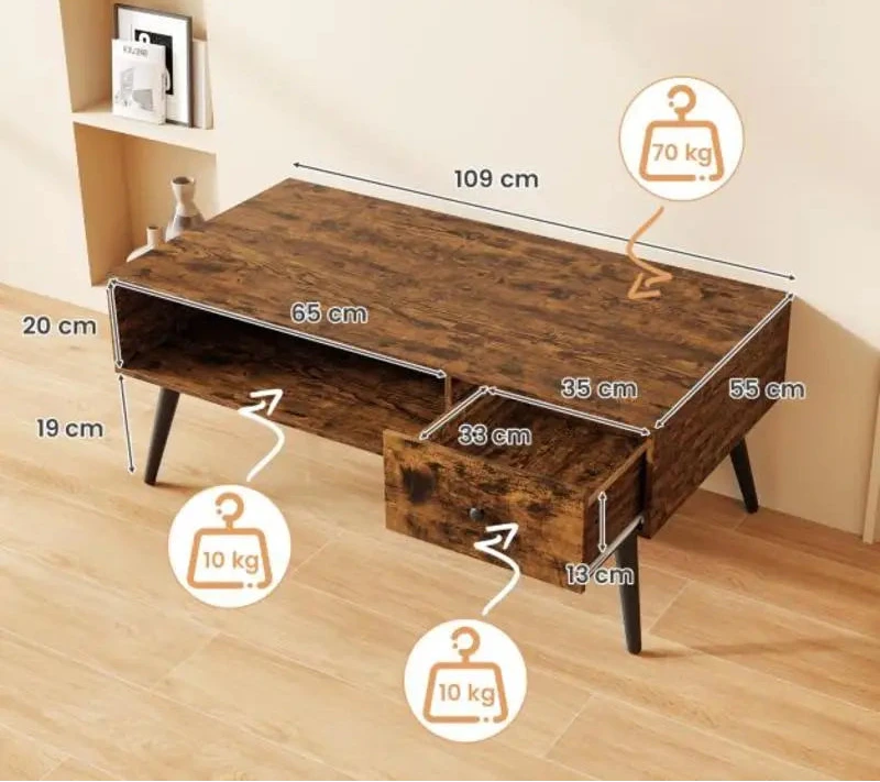 Table basse rectangulaire avec tiroir et étagère de rangement
