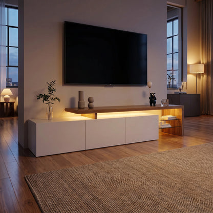 Meuble TV LED moderne avec 3 tiroirs et étagères en verre