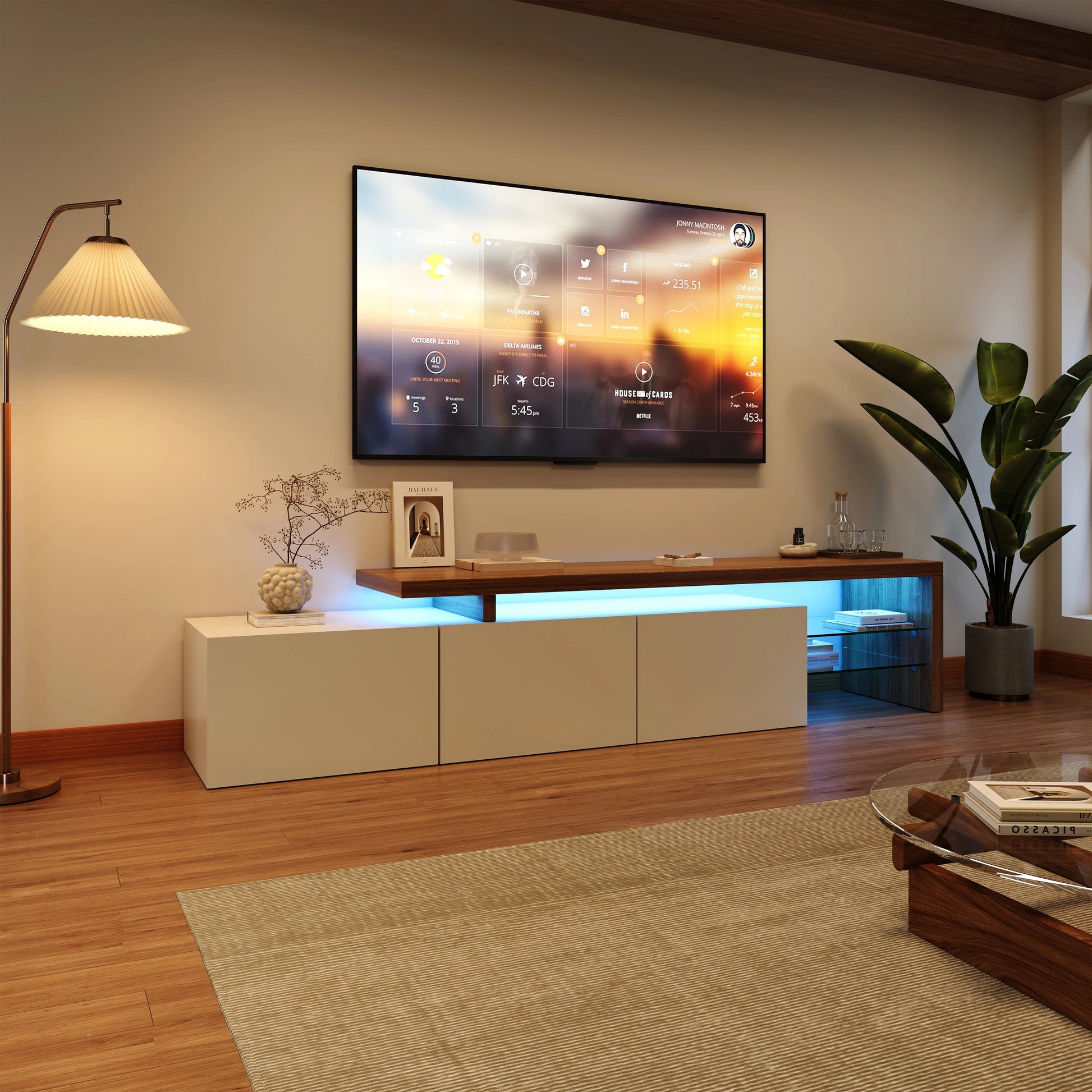 TV stand for living room, with storage and LED lighting - Sonera