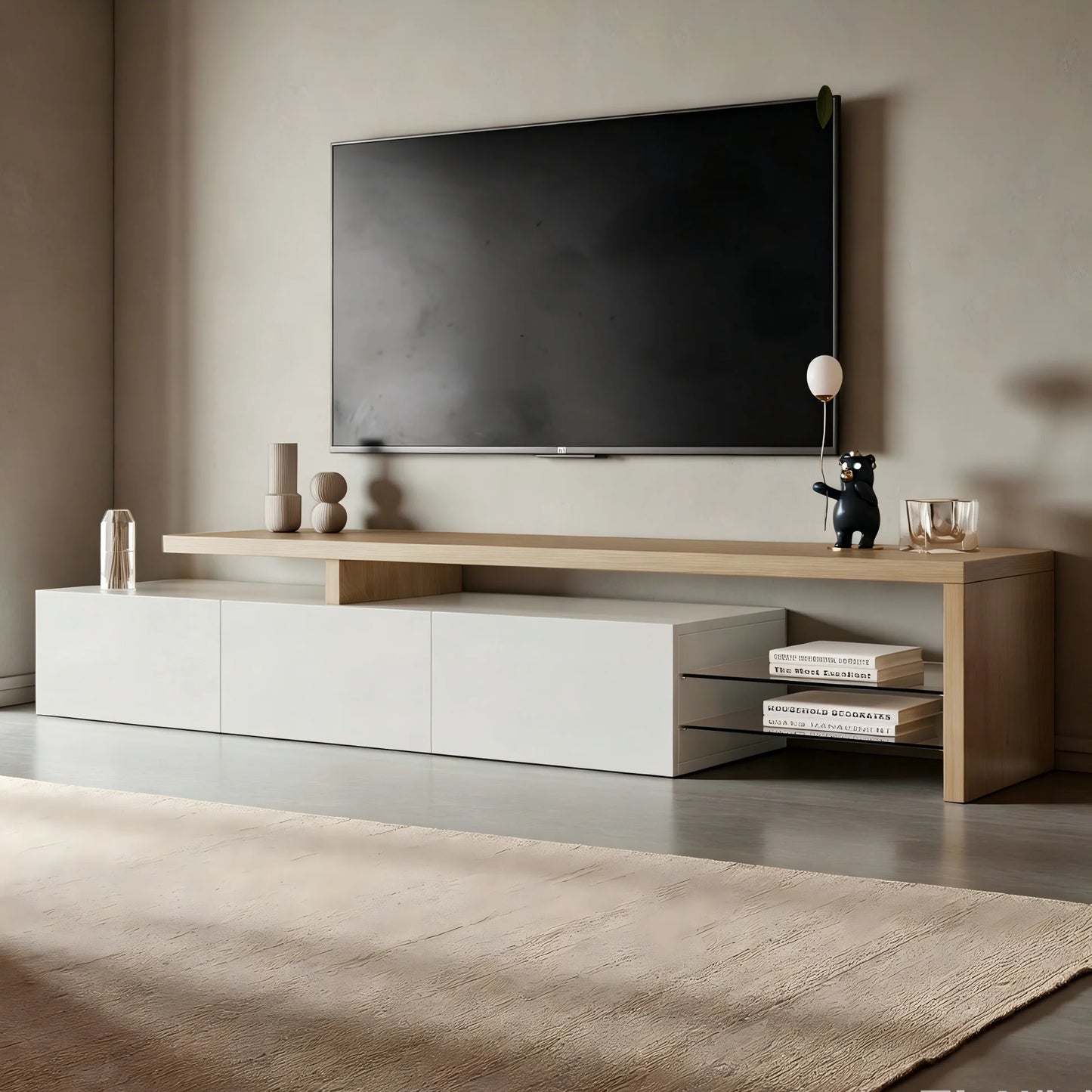 Meuble TV LED moderne avec 3 tiroirs et étagères en verre