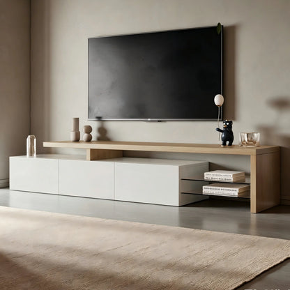 Meuble TV LED moderne avec 3 tiroirs et étagères en verre