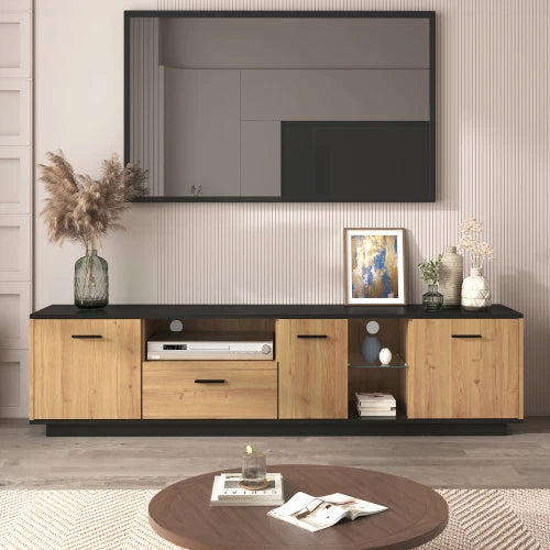 Meuble TV moderne à LED avec un tiroir, des portes et des étagères en verre
